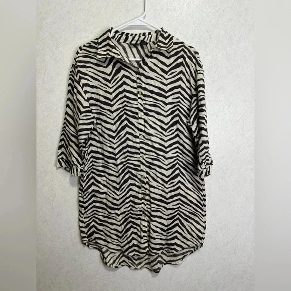 TAHARI Zebra Print Button Up Tunic Top Linen Blend Lightweight Size Small - Picture 1 of 8